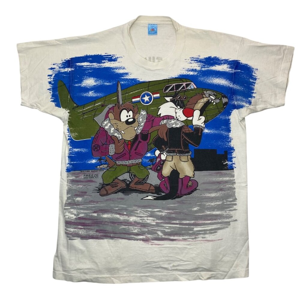 Vintage 94 Taz Looney Tune Bomber Squad Victory All Over Print Freeze T-Shirt XL